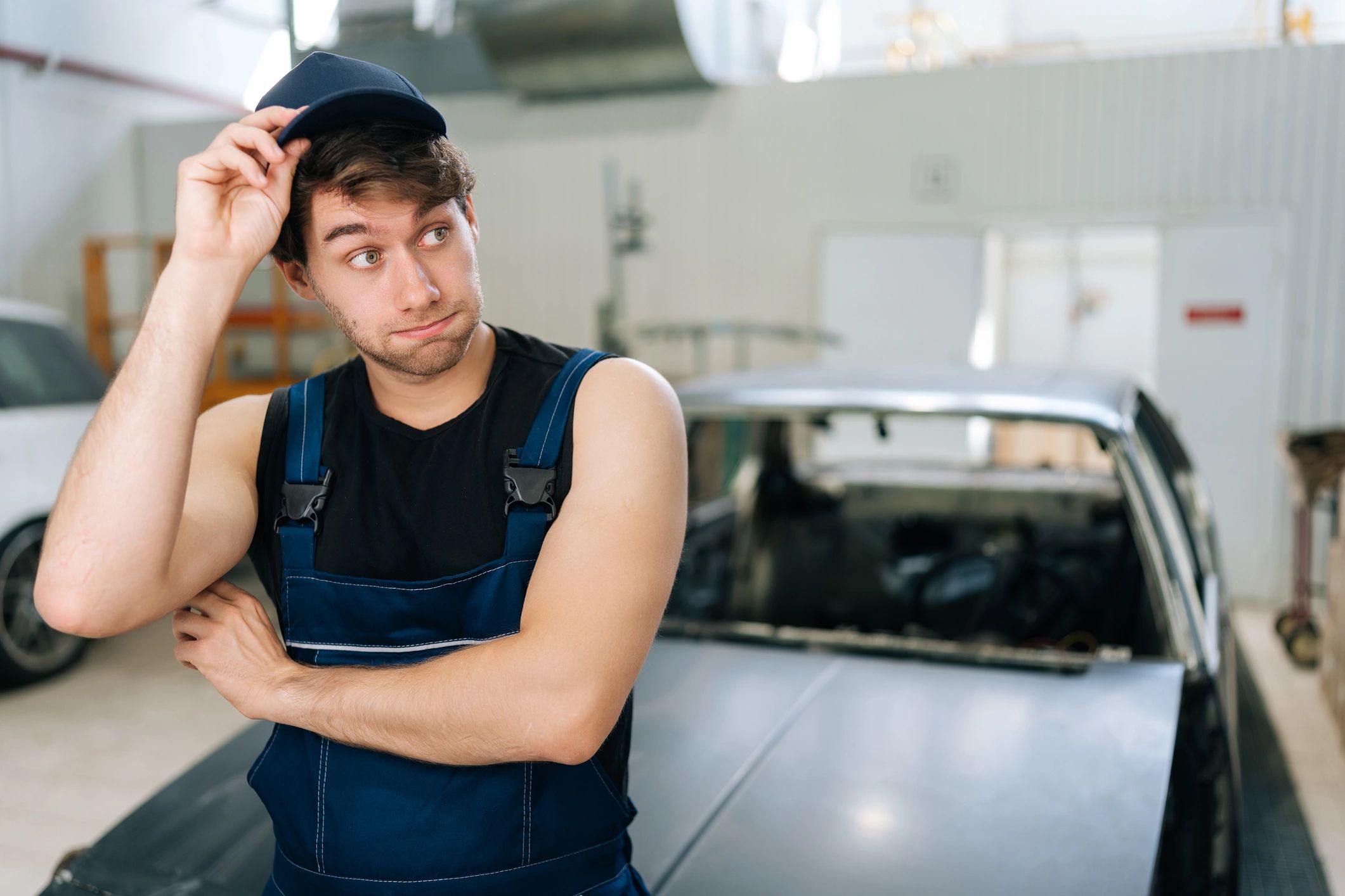 Mechanic in an auto workshop inspecting a vehicle under repair